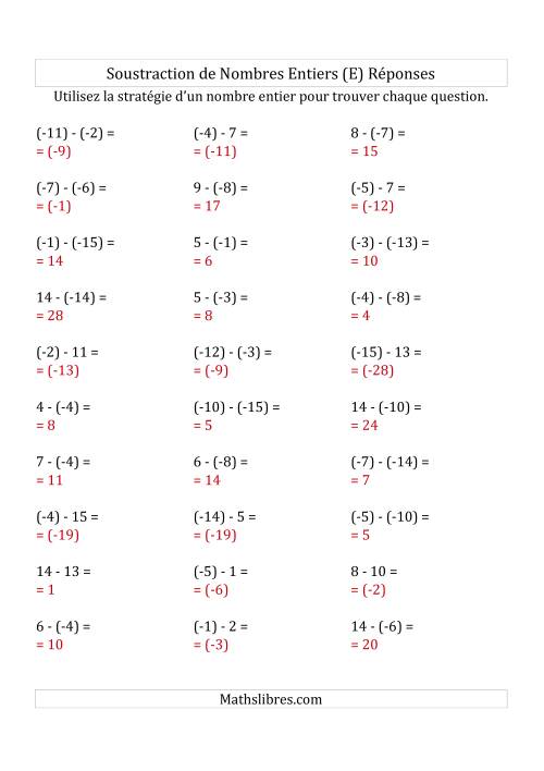 Soustraction de Nombres Entiers de (-15) à 15 (Parenthèses sur les Nombres Négatifs) (E) page 2
