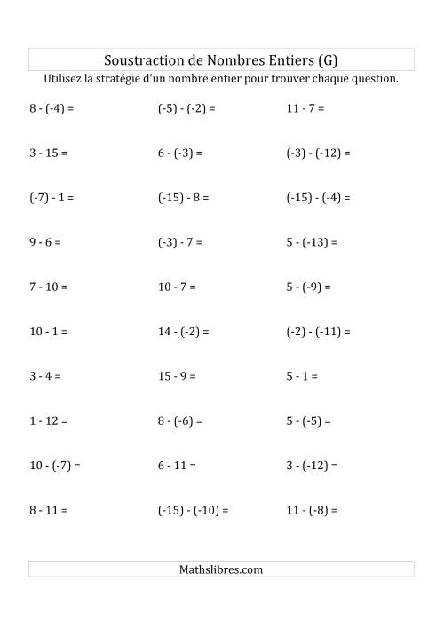 Soustraction de Nombres Entiers de (-15) à 15 (Parenthèses sur les Nombres Négatifs) (G)