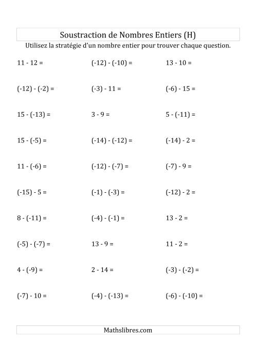 Soustraction de Nombres Entiers de (-15) à 15 (Parenthèses sur les Nombres Négatifs) (H)
