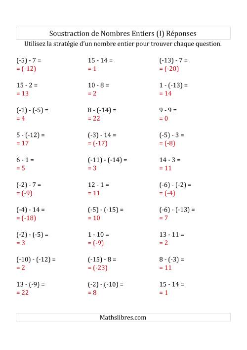 Soustraction de Nombres Entiers de (-15) à 15 (Parenthèses sur les Nombres Négatifs) (I) page 2