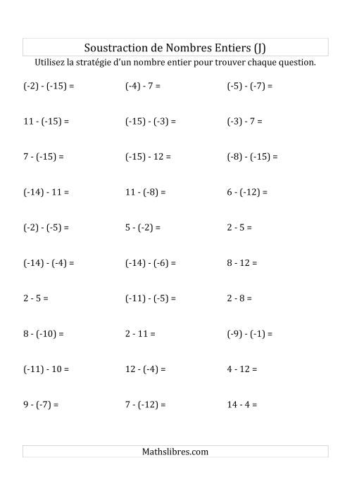 Soustraction de Nombres Entiers de (-15) à 15 (Parenthèses sur les Nombres Négatifs) (J)