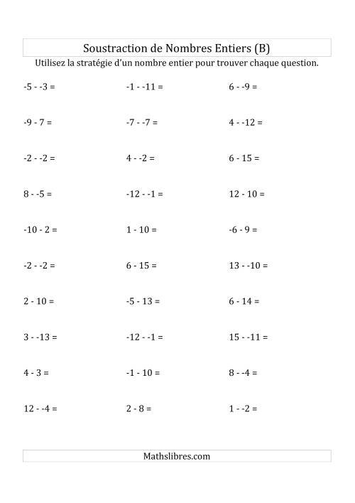 Soustraction de Nombres Entiers de -15 à 15 (Sans les Parenthèses) (B)