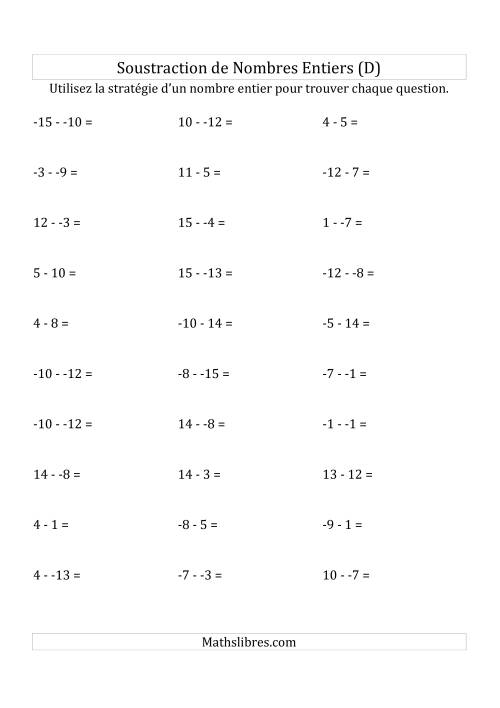 Soustraction de Nombres Entiers de -15 à 15 (Sans les Parenthèses) (D)