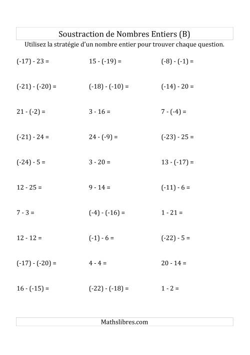 Soustraction de Nombres Entiers de (-25) à 25 (Parenthèses sur les Nombres Négatifs) (B)