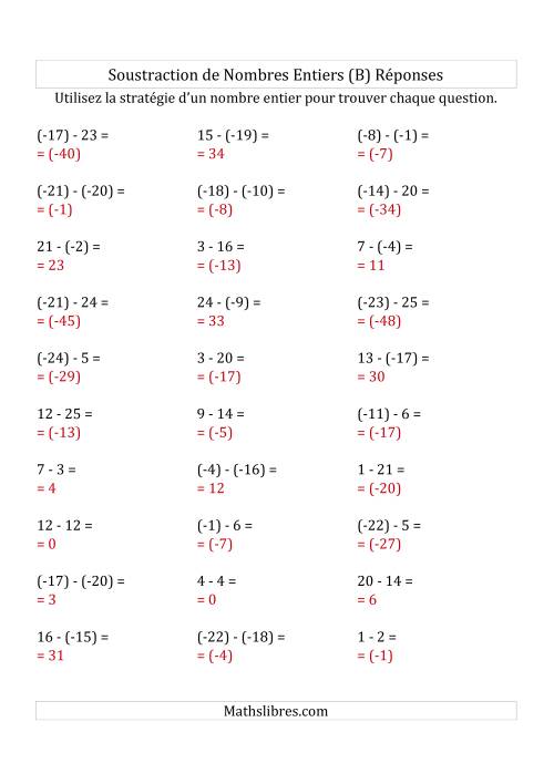Soustraction de Nombres Entiers de (-25) à 25 (Parenthèses sur les Nombres Négatifs) (B) page 2