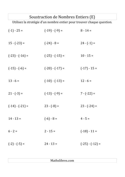 Soustraction de Nombres Entiers de (-25) à 25 (Parenthèses sur les Nombres Négatifs) (E)