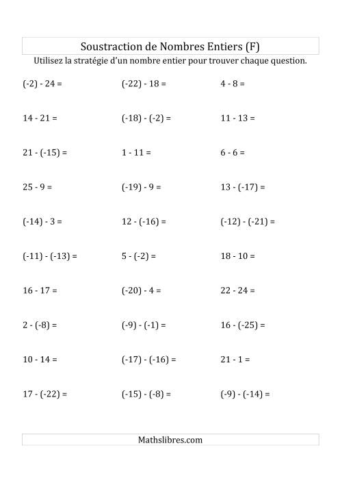 Soustraction de Nombres Entiers de (-25) à 25 (Parenthèses sur les Nombres Négatifs) (F)