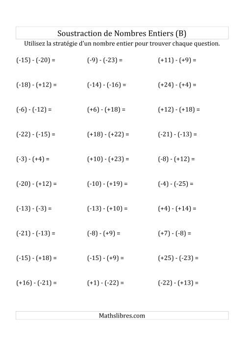 Soustraction de Nombres Entiers de (-25) à (+25) (Avec des Parenthèses) (B)