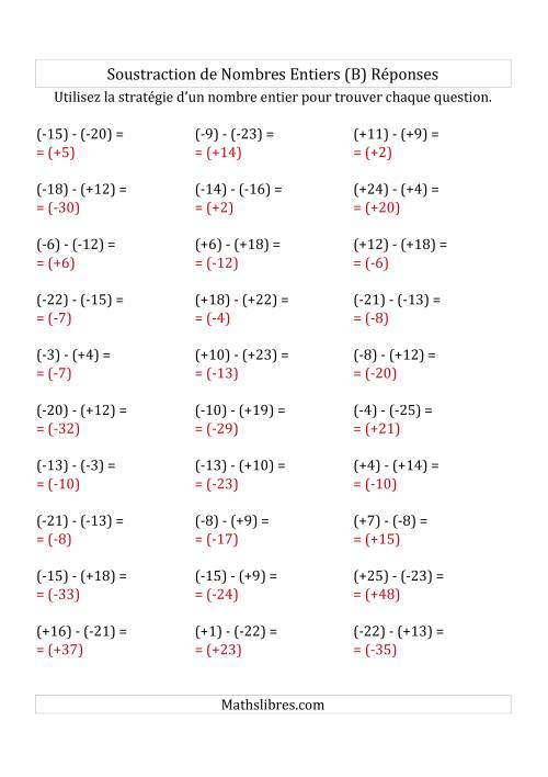 Soustraction de Nombres Entiers de (-25) à (+25) (Avec des Parenthèses) (B) page 2