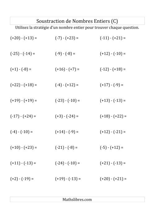 Soustraction de Nombres Entiers de (-25) à (+25) (Avec des Parenthèses) (C)