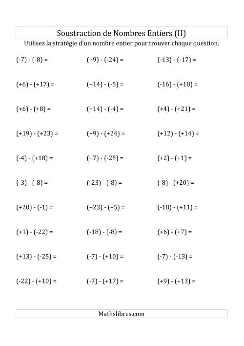 Soustraction de Nombres Entiers de (-25) à (+25) (Avec des Parenthèses) (H)