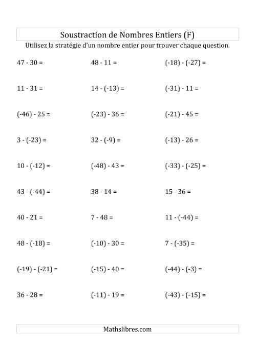 Soustraction de Nombres Entiers de (-50) à 50 (Parenthèses sur les Nombres Négatifs) (F)