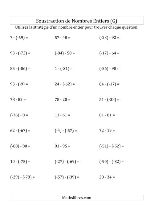 Soustraction de Nombres Entiers de (-99) à 99 (Parenthèses sur les Nombres Négatifs) (G)
