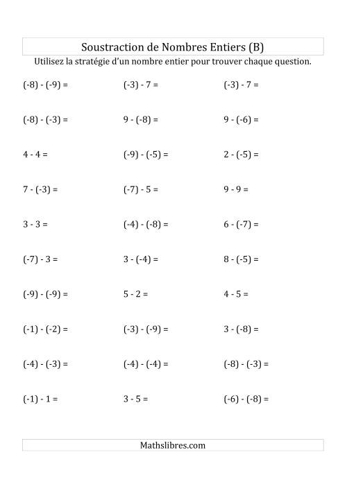 Soustraction de Nombres Entiers de (-9) à 9 (Parenthèses sur les Nombres Négatifs) (B)