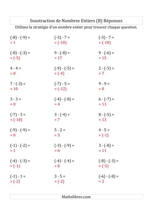 Soustraction de Nombres Entiers de (-9) à 9 (Parenthèses sur les Nombres Négatifs) (B) page 2