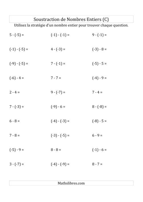 Soustraction de Nombres Entiers de (-9) à 9 (Parenthèses sur les Nombres Négatifs) (C)