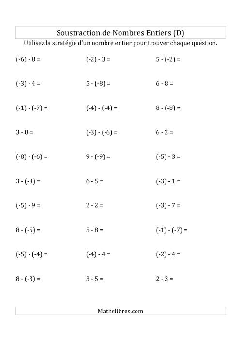 Soustraction de Nombres Entiers de (-9) à 9 (Parenthèses sur les Nombres Négatifs) (D)