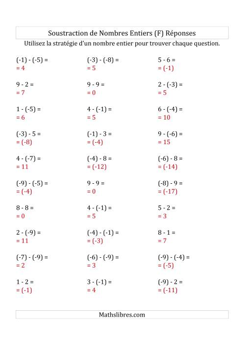 Soustraction de Nombres Entiers de (-9) à 9 (Parenthèses sur les Nombres Négatifs) (F) page 2