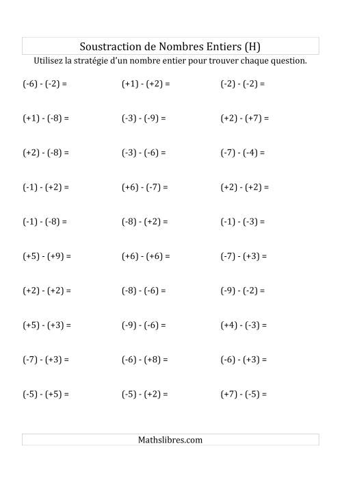 Soustraction de Nombres Entiers de (-9) à (+9) (Avec des Parenthèses) (H)