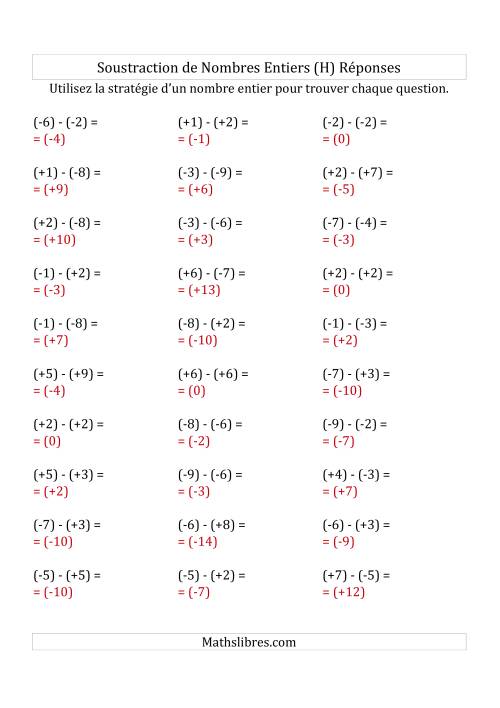 Soustraction de Nombres Entiers de (-9) à (+9) (Avec des Parenthèses) (H) page 2