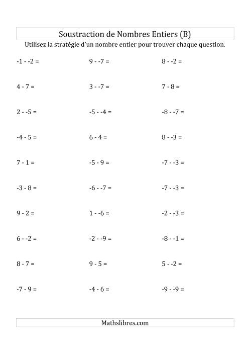 Soustraction de Nombres Entiers de -9 à 9 (Sans les Parenthèses) (B)