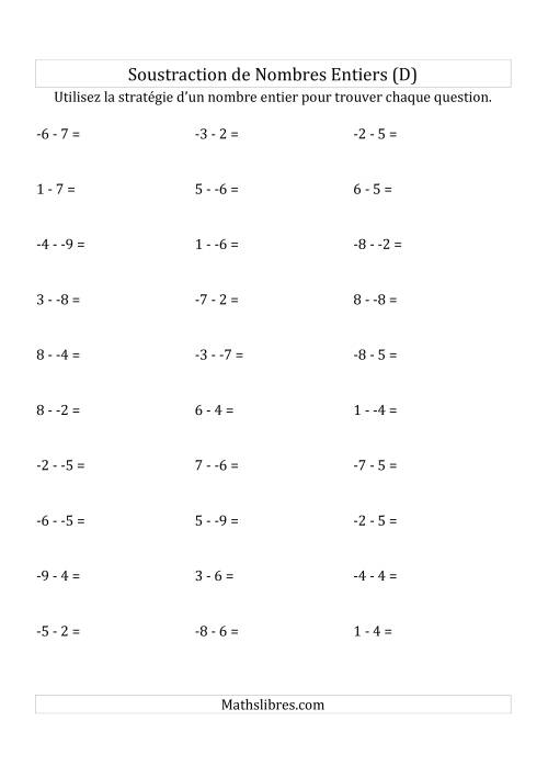 Soustraction de Nombres Entiers de -9 à 9 (Sans les Parenthèses) (D)