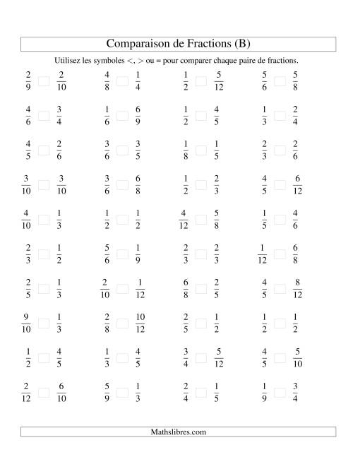 Comparaison de Fractions jusqu'aux Douzièmes (sans 7es ou 11es) (B)