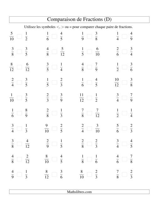 Comparaison de Fractions jusqu'aux Douzièmes (sans 7es ou 11es) (D)