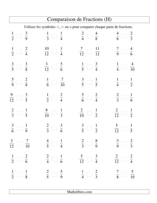 Comparaison de Fractions jusqu'aux Douzièmes (sans 7es ou 11es) (H)