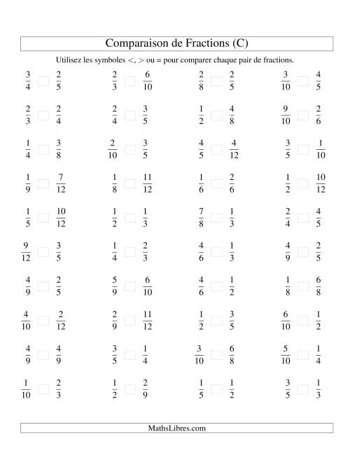 Comparaison de Fractions Propres -- Dénominateur jusqu'aux 12ièmes -- Sans 7ièmes ni 11ièmes (C)