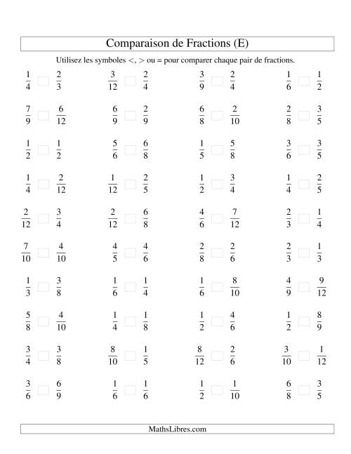 Comparaison de Fractions Propres -- Dénominateur jusqu'aux 12ièmes -- Sans 7ièmes ni 11ièmes (E)