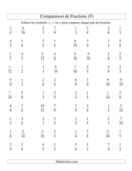 Comparaison de Fractions Propres -- Dénominateur jusqu'aux 12ièmes -- Sans 7ièmes ni 11ièmes (F)