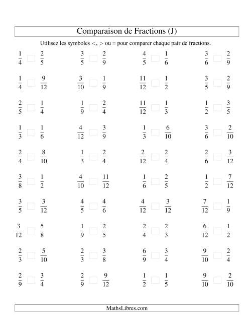 Comparaison de Fractions Propres -- Dénominateur jusqu'aux 12ièmes -- Sans 7ièmes ni 11ièmes (J)
