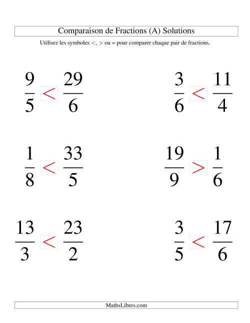 Comparaison de Fractions Impropres -- Dénominateur jusqu'aux 12ièmes -- Sans 7ièmes ni 11ièmes (Gros Caractères) page 2