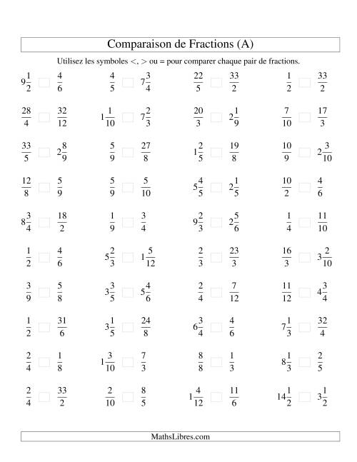 Comparaison de Fractions Mixtes -- Dénominateur jusqu'aux 12ièmes -- Sans 7ièmes ni 11ièmes (A)