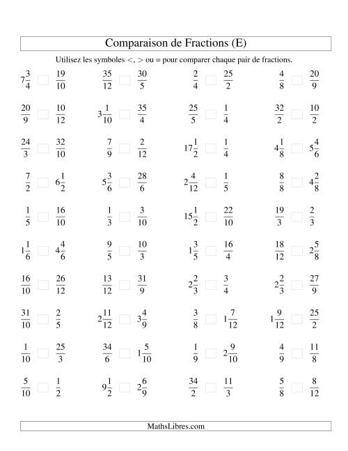 Comparaison de Fractions Mixtes -- Dénominateur jusqu'aux 12ièmes -- Sans 7ièmes ni 11ièmes (E)