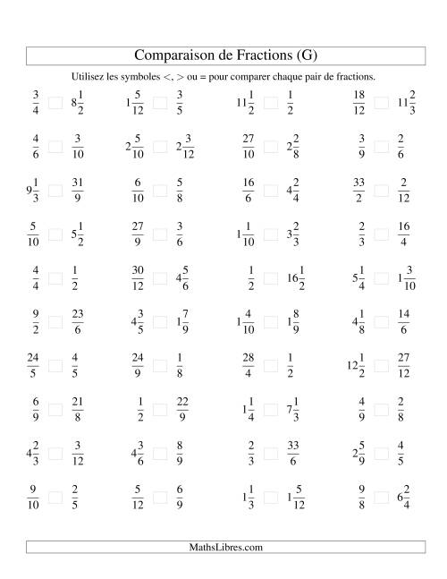 Comparaison de Fractions Mixtes -- Dénominateur jusqu'aux 12ièmes -- Sans 7ièmes ni 11ièmes (G)