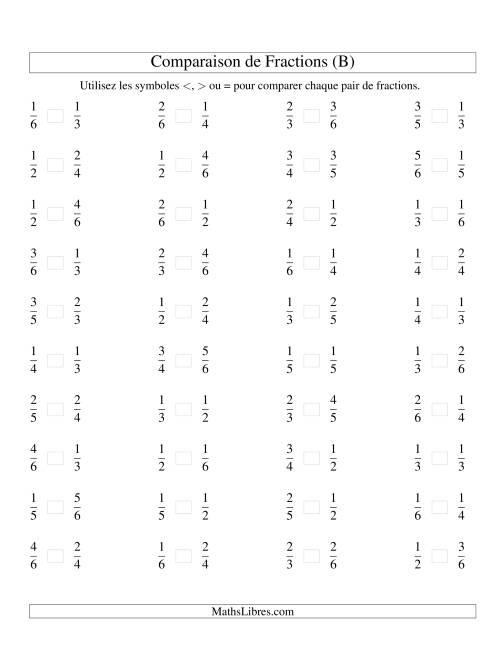 Comparaison de Fractions Propres -- Dénominateur jusqu'aux 6ièmes (B)