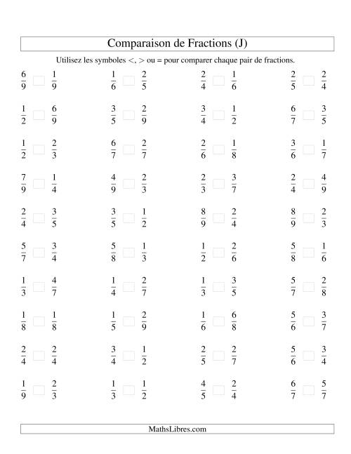 Comparaison de Fractions Propres -- Dénominateur jusqu'aux 9ièmes (J)