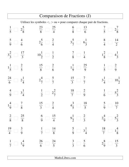 Comparaison de Fractions Mixtes -- Dénominateur jusqu'aux 9ièmes (J)