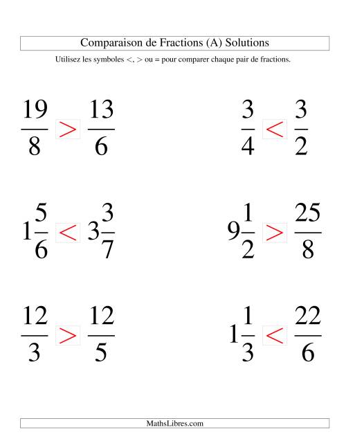 Comparaison de Fractions Mixtes -- Dénominateur jusqu'aux 9ièmes (Gros Caractères) page 2