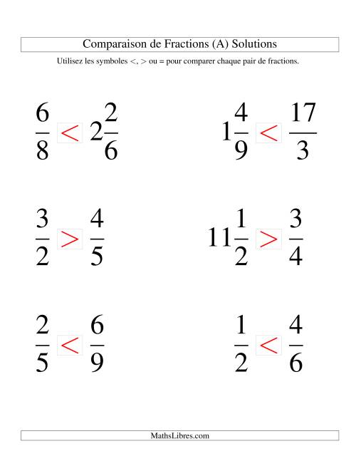 Comparaison de Fractions Mixtes -- Dénominateur jusqu'aux 9ièmes -- Sans 7ièmes (Gros Caractères) page 2
