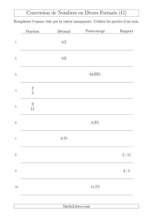 Conversion entre Fractions, Nombres Décimaux, Pourcentages et Rapports de Parties d'un Tout avec des 7èmes et 11èmes (G)