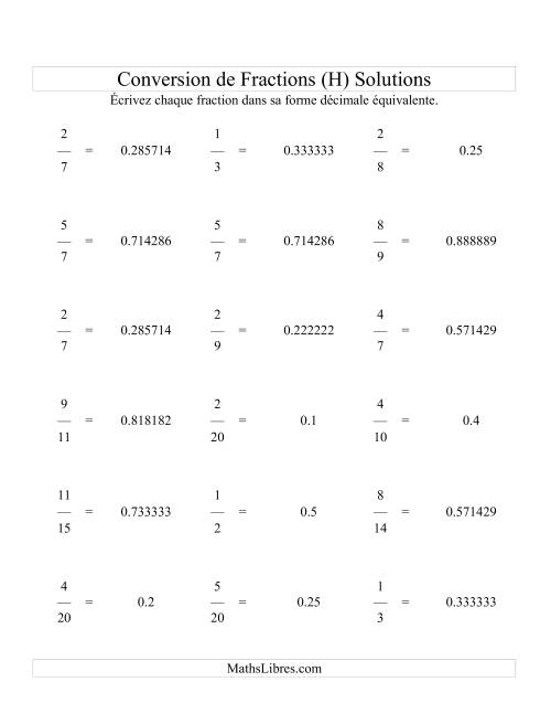Conversion de Fractions en Nombres Décimaux (H) page 2