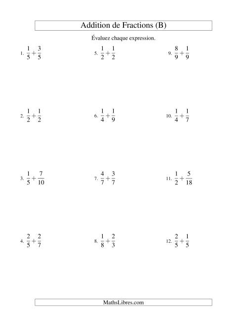 Addition de Fractions (Difficile) (B)