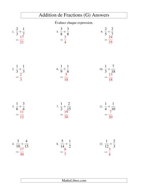 Addition de Fractions (Difficile) (G) page 2