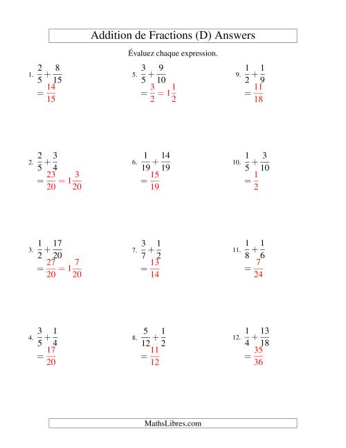 Addition de Fractions avec des Dénominateurs Différents & Résultantes Mixtes (D) page 2