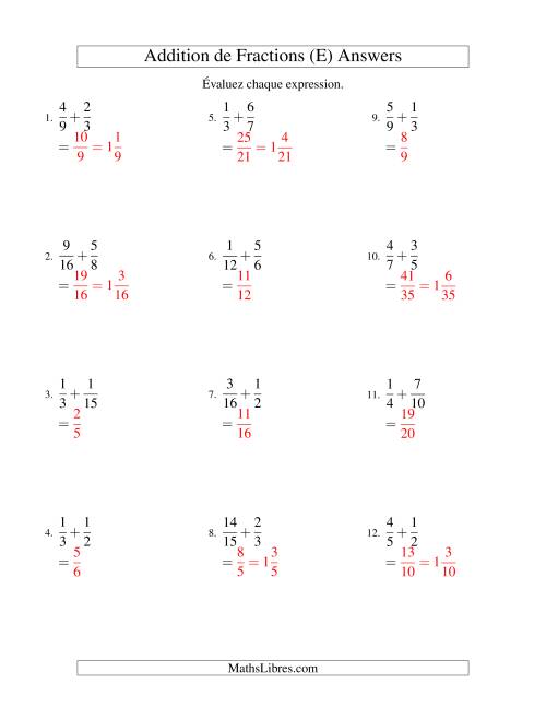 Addition de Fractions avec des Dénominateurs Différents & Résultantes Mixtes (E) page 2