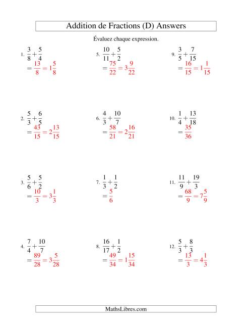 Addition de Fractions Impropres (Difficiles) (D) page 2