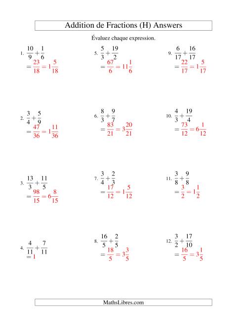 Addition de Fractions Impropres (Difficiles) (H) page 2